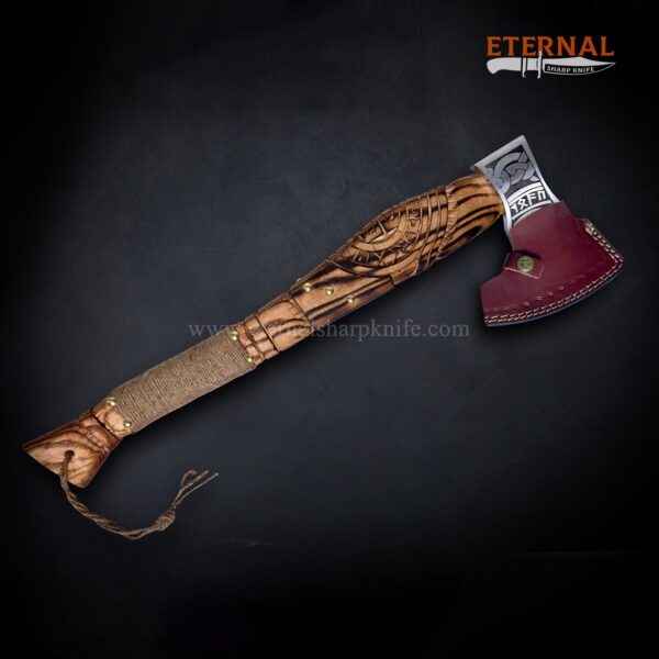 Damascus Authentic Engraved Viking Axe Leather Sheath